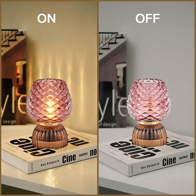 Battery Operated Lamp with Timer, Cute Small Cordless Glass Table Lamp for Home Decor, Kitchen, Bathroom, Birthday Gift for Women, Pinecone, Pink, 2 Pack