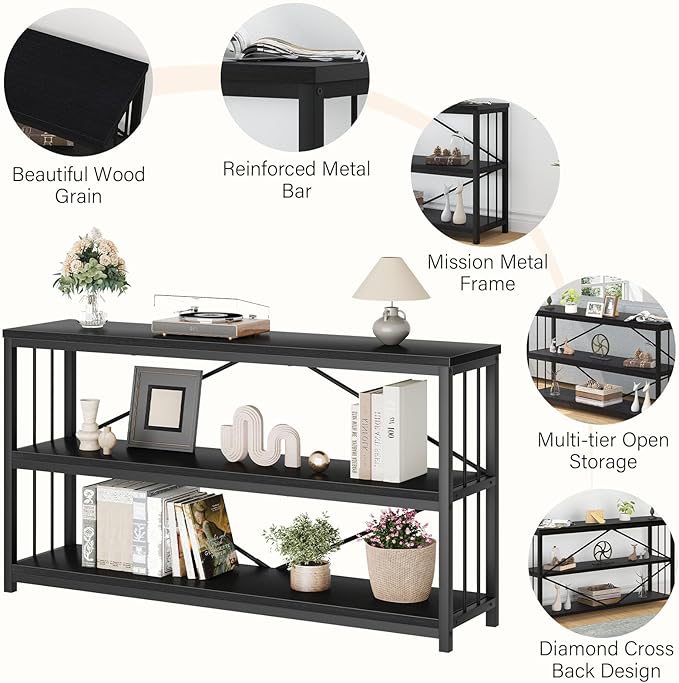 LVB Black Console Table, Modern Entryway Table for Hallway Living Room, Industrial Sofa Table Behind Couch, Farmhouse Wooden Metal Entry Table for Foyer with 3-Tier Storage Shelves, Black Oak, 55 Inch
