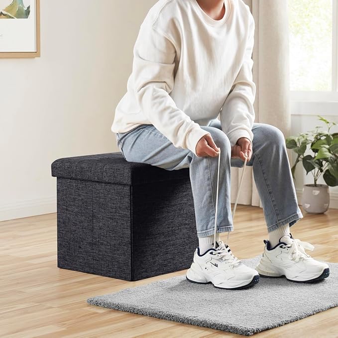 Ornavo Home Foldable Tufted Linen Storage Ottoman Square Cube Foot Rest Stool/Seat - 15" x 15" x 15" (Black)