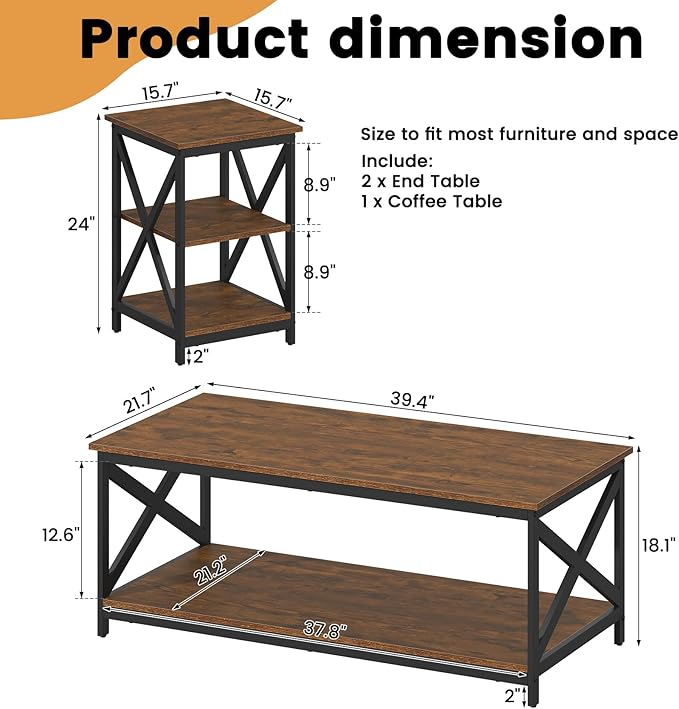 Bigbiglife Living Room Coffee Table Set of 3, Industrial X-Design Coffee Table and 2 End Side Tables, 3 Piece Living Room Table Set with Large Storage for Apartment Home (Dark Rustic Brown)