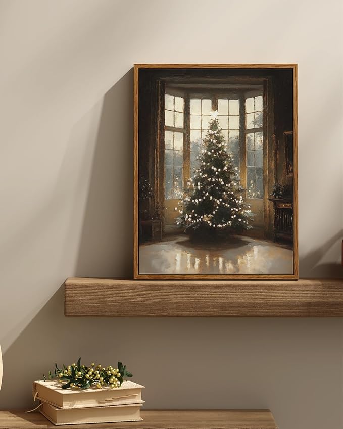 InSimSea Framed Canvas Wall Art, Vintage Christmas Tree Decor, Living Room Pine Decorations, Winter Cottagecore Paintings for Bedroom Bathroom, Xmas Holiday Decorations Gifts, 12x16 Inch