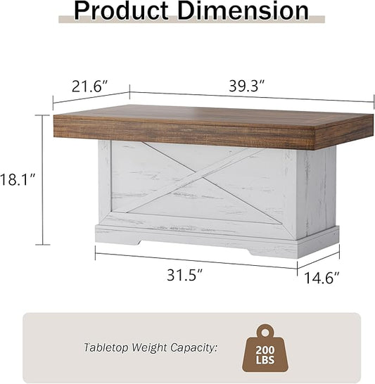 Coffee Table 39 in Farmhouse Center Table with X-Design Wooden Pedestal for Living Room, Space Saving, Rectangle Home Office Tea Accent Table for Apartment, Antique White Walnut