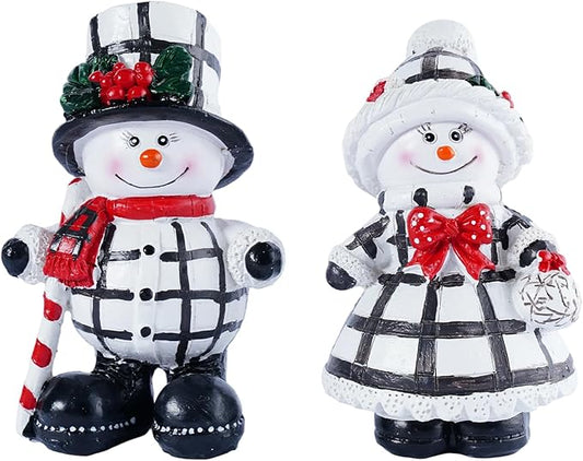 2-Piece Christmas Couple Snowman Resin Statues, Indoor Outdoor Holiday Decor, Christmas Table Centerpiece & Home Desktop Window Sill Ornaments - Ideal for Parents Friends