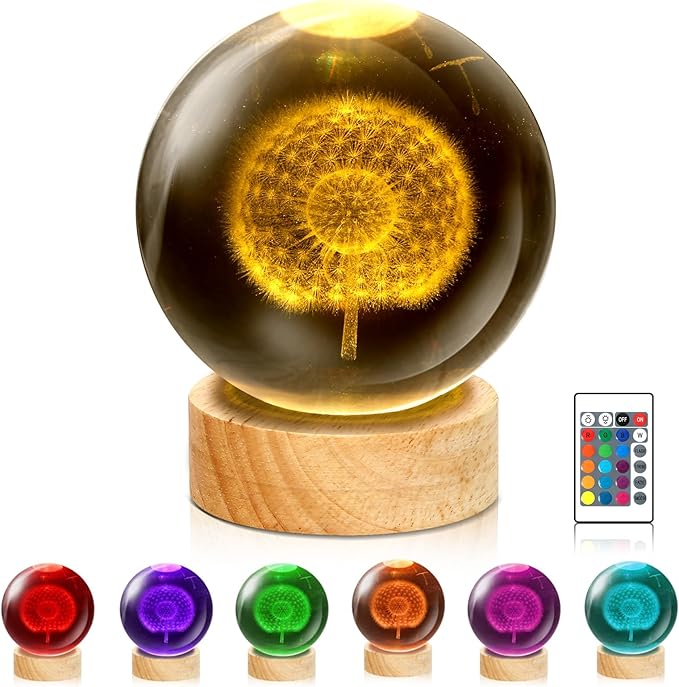 Dandelion Flower Crystal Ball Night Light - 3.15 Inch 16 Color LED Dandelion Glass Ball Lamp with Wooden Base and Remote Control - Perfect Decorations Gifts for Kids, Boys, Girls, Teens