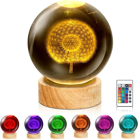 Dandelion Flower Crystal Ball Night Light - 3.15 Inch 16 Color LED Dandelion Glass Ball Lamp with Wooden Base and Remote Control - Perfect Decorations Gifts for Kids, Boys, Girls, Teens