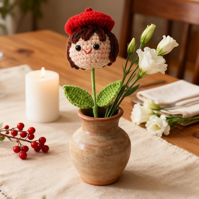 Crochet Handmade Flower Doll Bouquet Gift for Her, DIY Knitted Gifts for Home Office Desk Decor, Gift Ideas for Daughter Girl Girlfriend