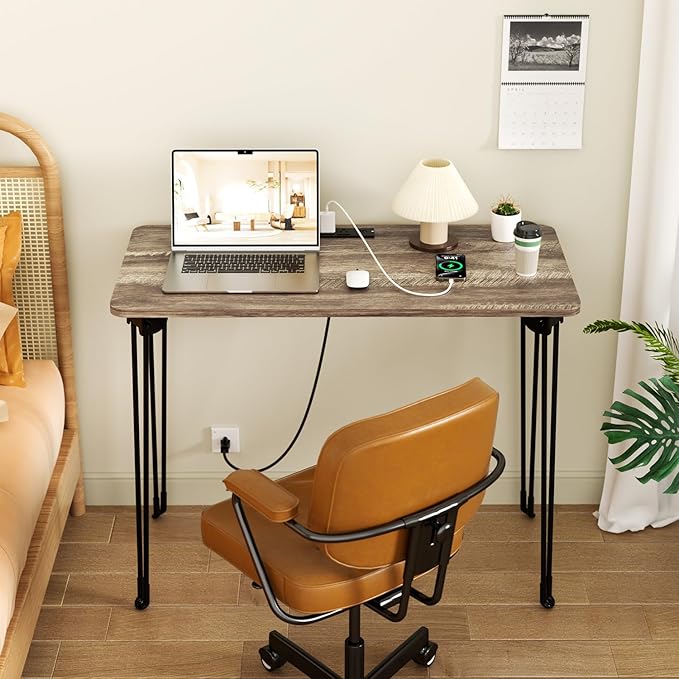 Folding Desk, 31.5" Hairpin Legs Small Desk with Power Strip for Bedroom, Space Saving Foldable Computer Desk for Home Office, No Assembly Need,Light Brown