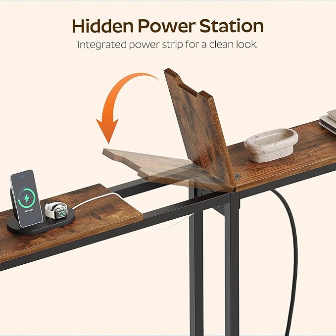 Narrow Console Table, 70.9" Behind Couch Table Skinny, Small Entryway Table with Power Outlets, Modern Hallway Table for Living Room, Entryway, Rustic Brown and Black CT15UBR