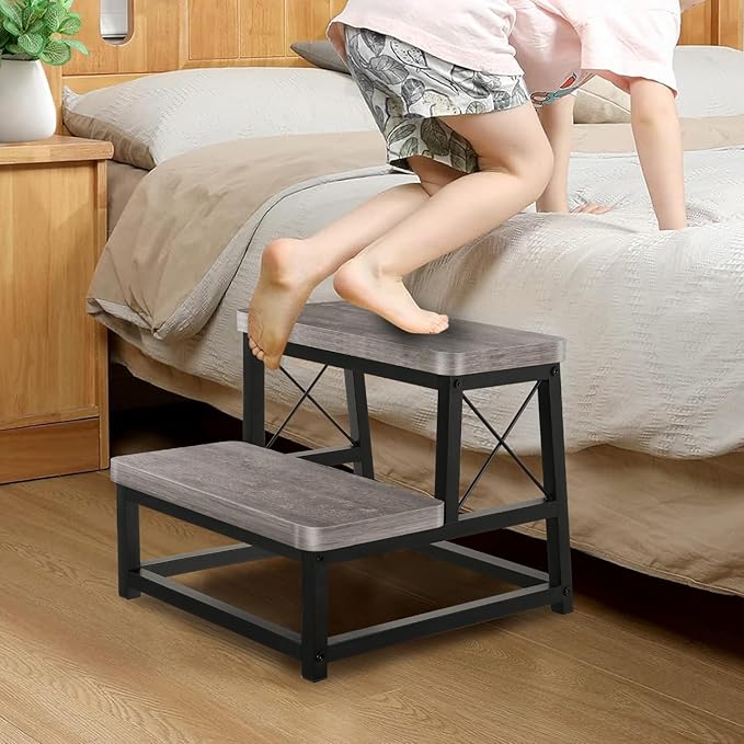 YINMIT Wooden Step Stool for Adults, 2 Tier Heavy Duty Step Stool for High Bed, Using for Bedroom, Living Room, Bathroom and Kitchen, Hold Up to 500 LBS