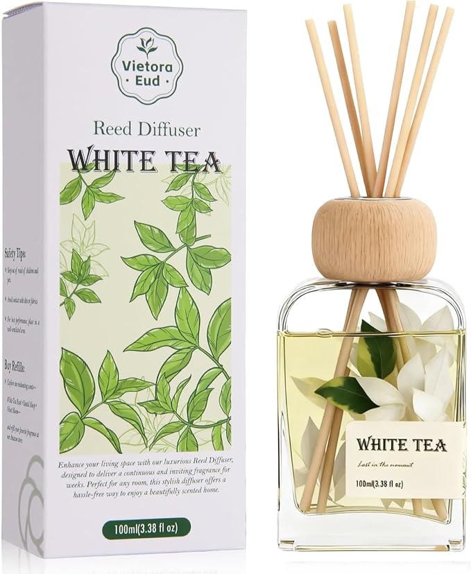 White Tea Reed Diffusers for Home, 100ml (3.38 oz) Aromatherapy for Relaxation & Air Freshener. Perfect for Home, Bathroom, Office & Room Decor, Calming Botanical Scent