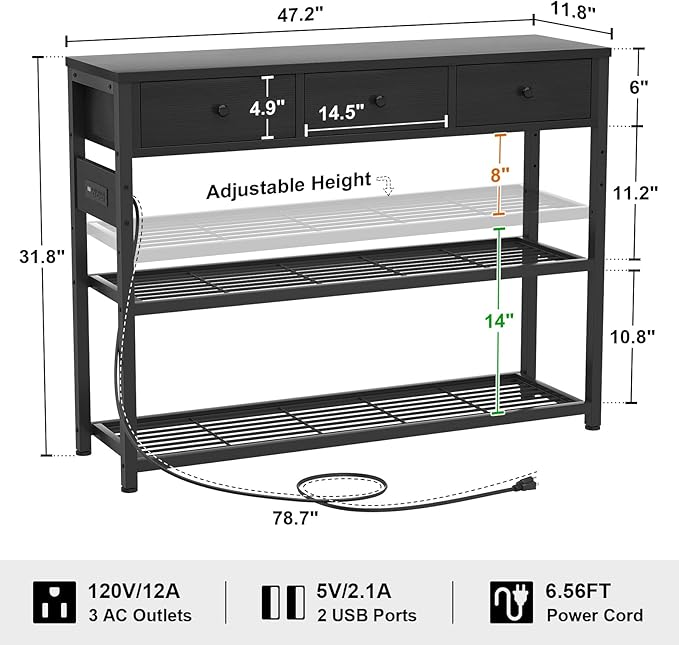 Ecopriso 47'' Entryway Table with Outlets and USB Ports, Console Table with 3 Drawers, Sofa Table Narrow Long with Storage Shelves for Living Room, Couch, Hallway, Foyer, Kitchen Counter, Black