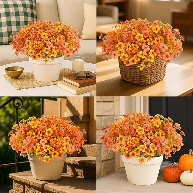 12 Bundles Artificial Flowers for Outdoor Indoor Fall Flowers Home Decoration,Fake Mums Silk Daisy Flower Plant for Outside,Plastic Flowers UV Resistant Faux Mums for Garden Patio Balcony Autumn Decor