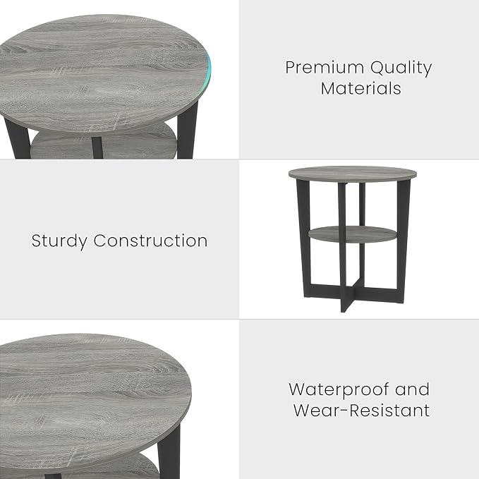Small End Table Set of 2, Round Side Tables with 2-Tier Open Storage, Coffee Table for Living Room, Apartment, Home Office, Small Spaces, Grey