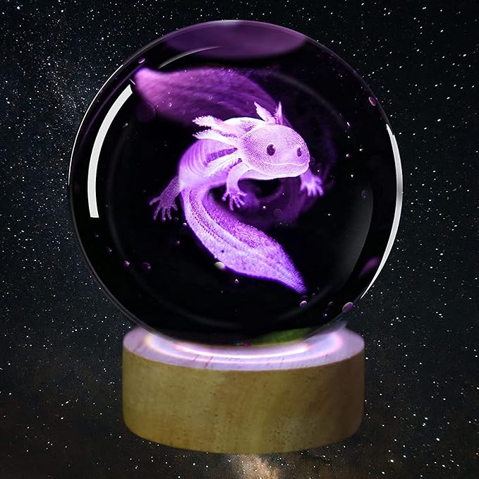 Axolotl Night Light,3.15 inch 3D K9 Crystal Ball Axolotl Lamp with Wooden Base,16 Colors Change,Remote Control,Color Box,Birthday Christmas Gift