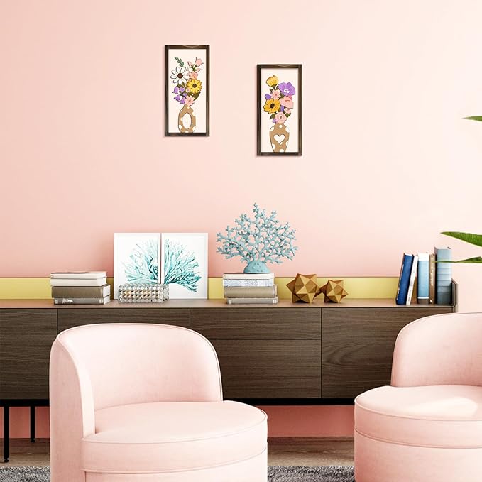 Kas Home 3D Floral Wall Art, 2 Set Rustic Wood Boho Flower with Vase Framed Wall Decor for Bathroom Living Room Bedroom Office Housewarming Gift, Ready To Hang Plaque Sculptures (White-P, 6L" x 12W", Framed)