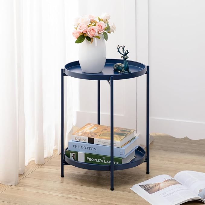 HollyHOME 2-Tier Round Side Table, Outdoor Small Folding Accent Stand with Removable Tray, Anti-Rust Metal Asional Table for Balcony Patio Living Room, Nightstand for Bedroom(Navy Blue)