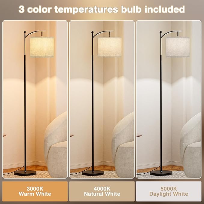 60" Floor Lamp With 3 Color Temperatures, Adjustable Grey Shade, Black Pole - Tall Lamp for Living Room, Bedroom, Office, Classroom, Dorm - 9W Bulb Included