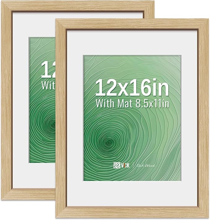 VCK 12x16 Picture Frame 2 Pack - Natural Oak, High-End Wood Poster Frames with Tempered Glass, Display 8.5x11 Photo with Mat or 12x16 without Mat, Art Gallery-Quality, Wall Hanging, Natural Oak