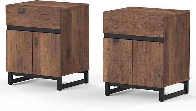 WAMPAT 2 Pack Modern End Table with 1 Drawer & 1 Storage Cabinet, Farmhouse Sofa Table with 2 Open Door, Wood Rustic Side End Table for Living Room, Nighstand for Bedroom, Brown