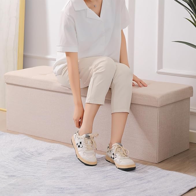 CUYOCA 45.3 Inches Storage Ottoman Bench Foldable Seat Footrest Shoe Bench End of Bed Storage with Flipping Lid, 166L Storage Space, Linen Fabric Pink