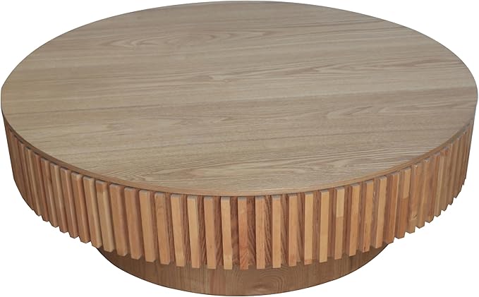 39.37 Inch Round Drum Coffee Table with Storage, Handcraft Fluted Drum Coffee Table, Modern Wooden Round Coffee Table Center Table with Sturdy Pedestal for Living Room Apartment(Natural)