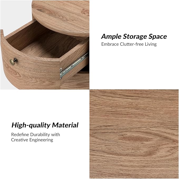 HULALA HOME Round End Table with 3 Storage Drawers, Mid Century Modern Sofa Side Table with Metal Legs, Farmhouse Wood Small Side Table for Living Room, Bedroom and Small Spaces, Gray