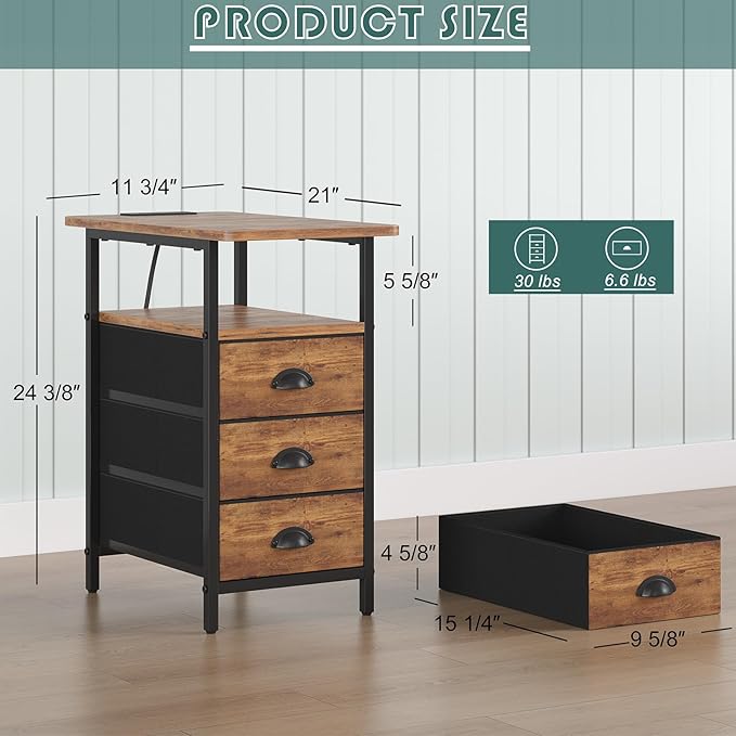 End Table with Charging Station,LED Side Tables with USB Ports and Outlets,Narrow Nightstands Bedside Tables with 3 Fabric Drawers for Small Space,Slim Sofa Table for Livingroom, Rustic Brown