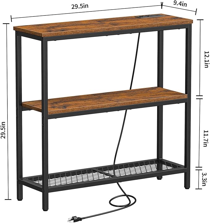 Snughome Console Table with Power Outlets, Entryway Table with Storage, Narrow Sofa Table with 3 Tier Shelves, 2 USB Ports, 2 Power Outlets, Hallway Table for Couch, Living Room, Entrance