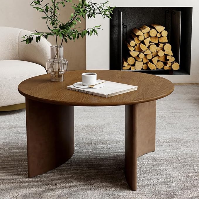 31.5" Mid Century Modern Coffee Table for Living Room, Round Table with Rubber Legs, Small Unique Cocktail Tea Table for Living Room Bedroom Apartment Small Space, Walnut