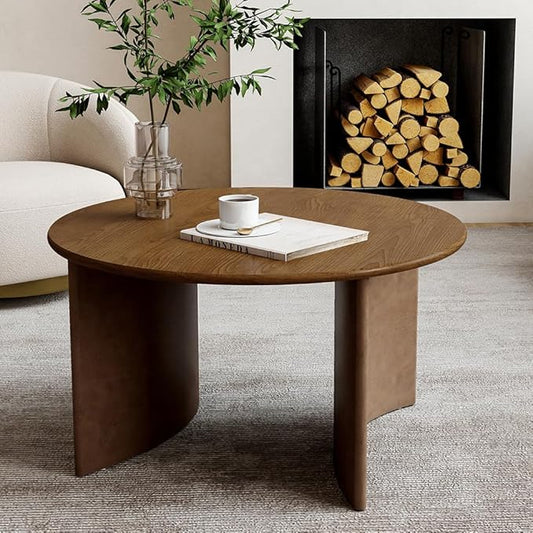 31.5" Mid Century Modern Coffee Table for Living Room, Round Table with Rubber Legs, Small Unique Cocktail Tea Table for Living Room Bedroom Apartment Small Space, Walnut