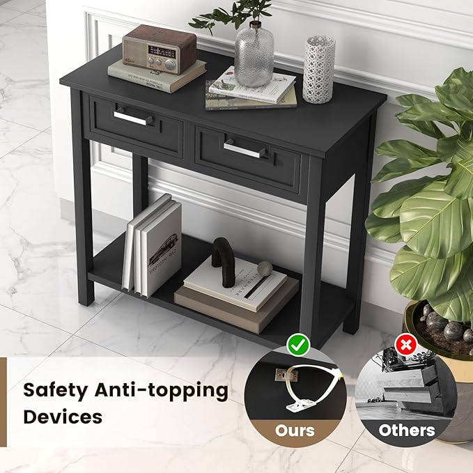 GOFLAME Small Console Table with 2 Drawers, 31” Entry Table with Storage Shelf, Modern, Narrow Sofa Table for Living Room, Hallway, Entrance (Black)