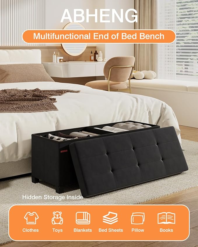 Foldable Storage Ottoman Bench, Velvet Footrest and Seat Cube with Feet, Storage Chest, for Living Room, Bedroom and Office, 15 x 43 x 15.7 Inches, Ink Black, UASND24B