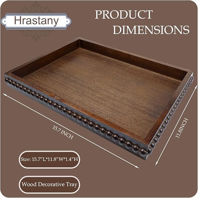 Wood Decorative Tray, Distressed Outdoor Serving Tray with Wooden Bead for Ottoman, Coffee Table, Entertaining, Home Decor, Rectangular 15.7”*11.8”*1.57” (Dark Brown)