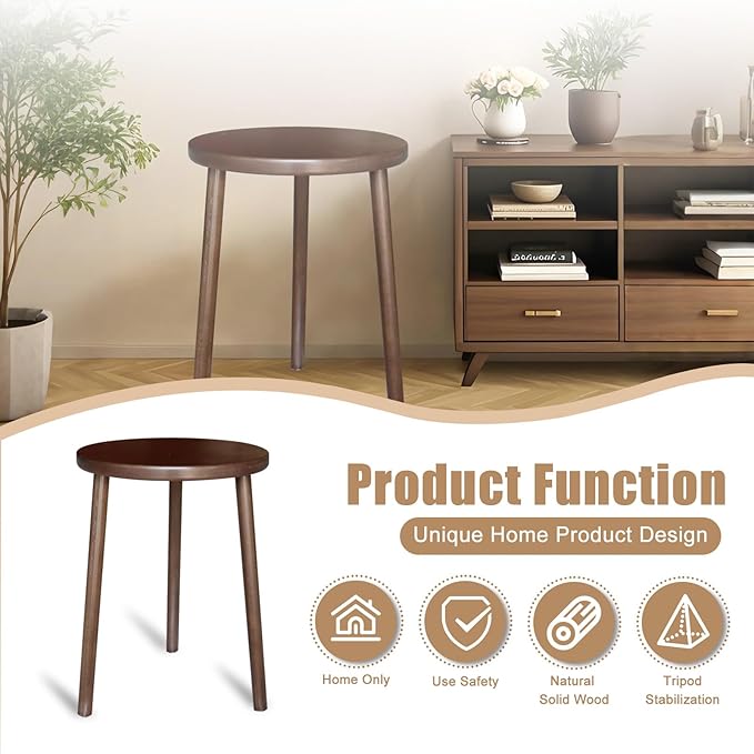 Walnut Side Table, Round End Table, Solid Rubberwood Small Accent Table, Drink Table with 3 Legs for Living Room, Bedroom, Balcony, and Small Spaces
