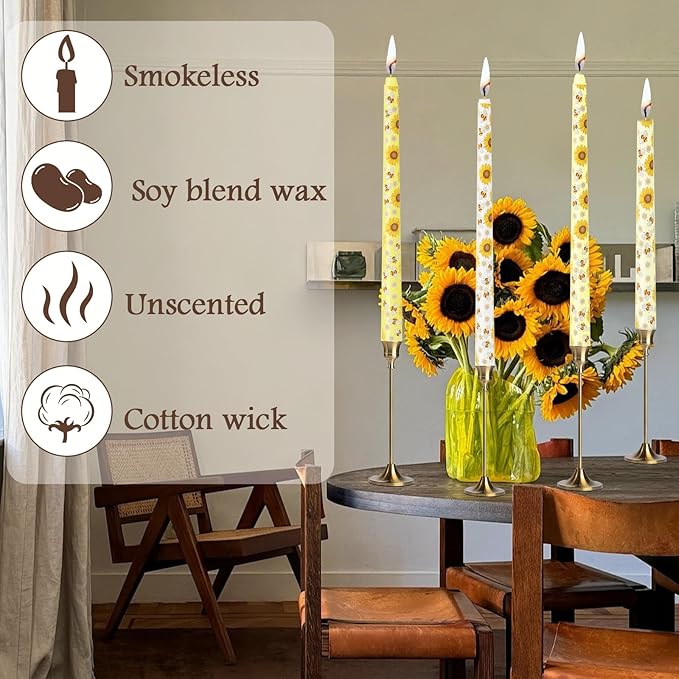 10 Inch Taper Candles with Honeybee Design – Smokeless Dripless Yellow Dinner Candles for Table, Party, Farmhouse Decor (4-Pack Assorted Yellow B)
