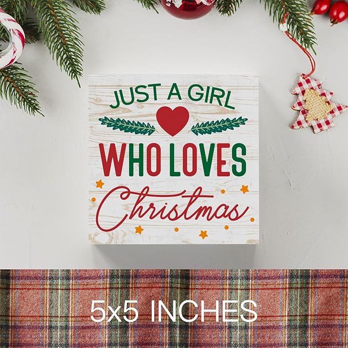 Rustic Just A Girl Who Loves Christmas Tree Wood Box Sign, Farmhouse Christmas Santa Artwork Decor, Wood Square Sign Desk Block Signs Home Shelf Office Decoration 5 x 5 Inches