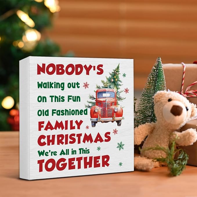 Christmas Vacation Decorations - We're All In This Together Decor, Indoor Christmas Wooden Sign, Tree Truck Home Decor for Desk Table Shelf 5 X 5 Inches
