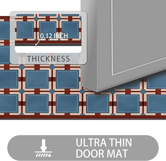Ultra Thin Door Mat Indoor Entrance, 1/10 in Thin Door Mats for Inside Entry, Non-Slip Rubber Backing Washable Doormat, Fade Resistant, Absorbent, Low Profile Dirt Trapper, 30"X17",Navy blue Checkered
