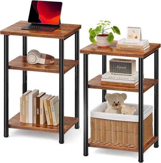 Sweetcrispy 3-Tier End Table Set of 2, Side Table with Adjustable Feet, Small Nightstand Space-Saving for Bedroom Living Room Office, Brown