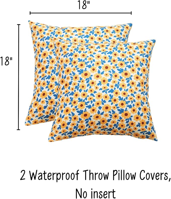 Sunflower Floral Outdoor Pillows Waterproof for Patio Furniture 18x18 Set of 2 Yellow Decorative Pillow Covers for Couch Porch Chair Bench Reversable Cottage Farmhouse Pillow Cases Gold