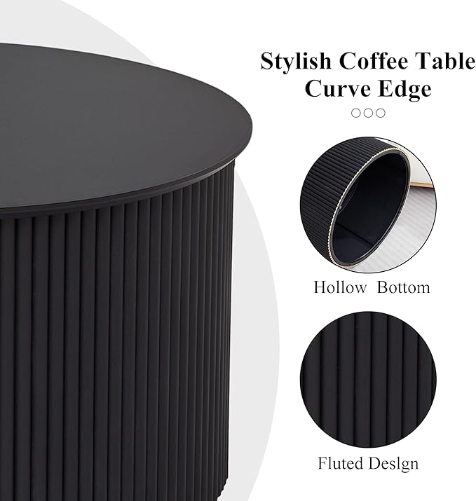 Fluted Round Nesting Coffee Table Set of 2, Mid Century Modern Wood Coffee Tables and End Table Set, Circle Side Table Minimalist Center Tables for Living Room, Office(Black)