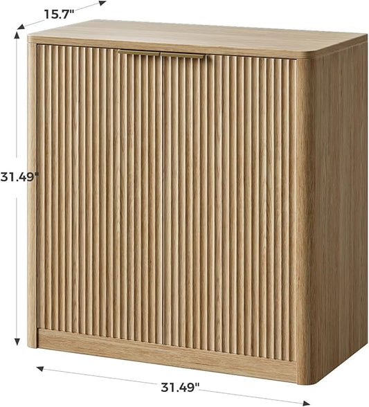 Evermagin 31.5" Oak Buffet Cabinet with Storage, Fluted Sideboard Cabinet with Adjustable Shelves，Boho Credenza, Console Table with 2 Doors for Dining Room, Kitchen, and Living Room