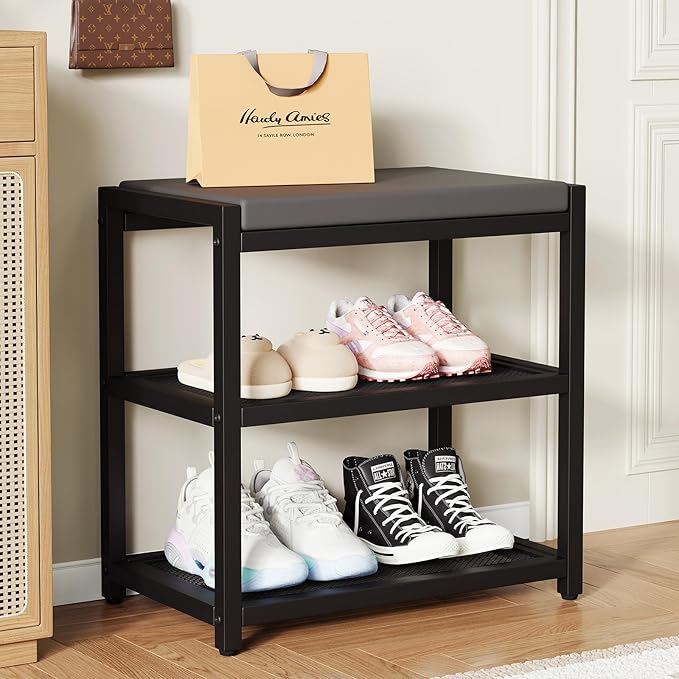 ZHOOGE Small Shoe Bench Shoe Rack Storage Bench Entryway Bench Shoe Shelf with Seat Cushion, Stable Shoe Organizer for Entryway, Living Room, Bench Seat Holds Up to 300 lb, (17"x 10"x 16", L x W x H)