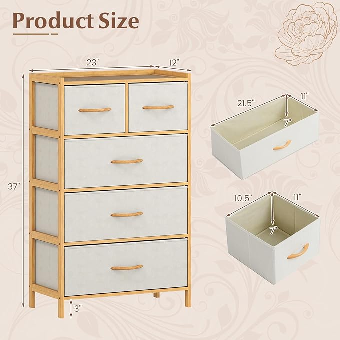 Giantex 5-Drawer Dresser for Bedroom, Bamboo Storage Tower with 5 Foldable Fabric Drawers & Top Shelf, Modern Chest of Drawers, Tall Vertical Organizer Unit for Closet, Living Room, Hallway, Natural