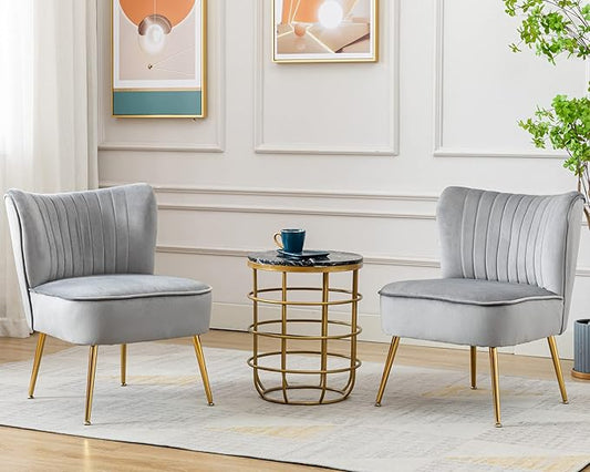 Velvet Accent Chair Set of 2 Comfy Living Room Chair Armless Slipper Chair Mid Century Side Chair Single Sofa Chair with Golden Legs Wingback for Bedroom Guest Room, Grey