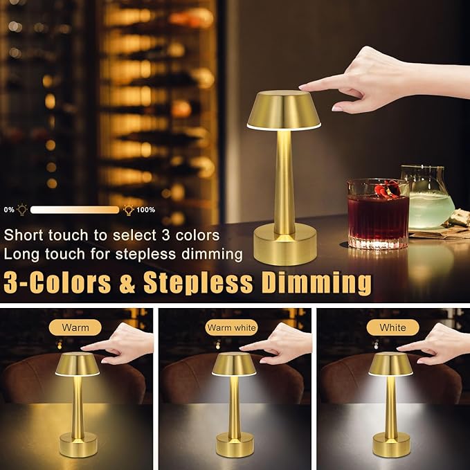 UMEXUS Cordless Small Table Lamp for Bar Restaurant, Rechargeable Battery Operated Touch Lamps, Gold 3-Way Dimmable Metal Portable Bedside Mini Night Light for Outdoor, Home Decor