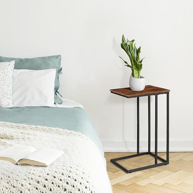 C Shaped Side Table Set of 2, Skinny Sofa Table for Sofa and Bed, Couch Tables That Slide Under, Small End Tables for Living Room, Bedroom or Small Spaces, Rustic Brown