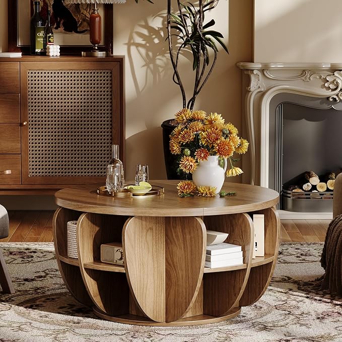 32.7" Lift Top Coffee Table with Storage, Wood Round Center Table with Hidden Storage Compartment & Shelves, Mid Century Modern Coffee Tables for Living Room Rustic Accent Small Center Table