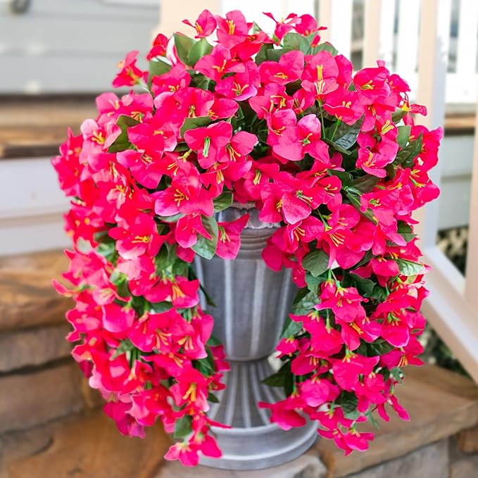 HyeFlora Bougainvillea Artificial Hanging Flowers Plants for Outdoors Decoration, 2pcs Fake Flowers Silk Bougainvillea Vines Realistic UV Resistant Faux Flowers for Planters Porch Patio Urn, Hot Pink