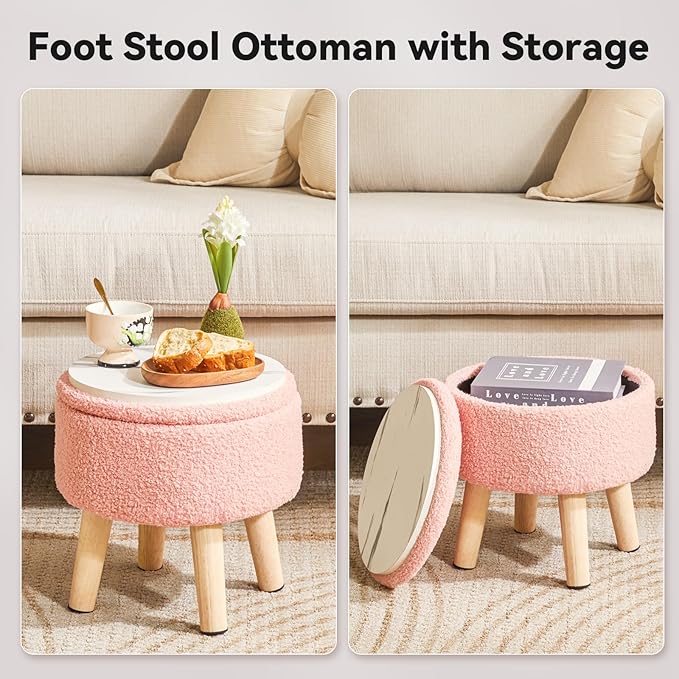 IBUYKE 13 Inch Foot Stool Ottoman with Storage, Round Small Foot Rest with Padded Seat and Wood Legs, Teddy Velvet Mini Footstool for Living Room Couch Bedroom Entryway, Pink WBD006P